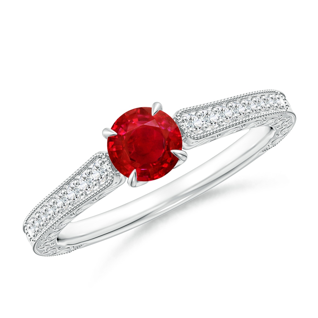 5mm AAA Vintage Inspired Round Ruby Ring with Engraving in White Gold