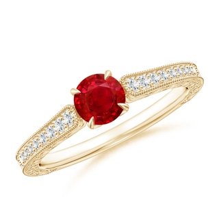 5mm AAA Vintage Inspired Round Ruby Ring with Engraving in Yellow Gold