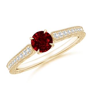 5mm AAAA Vintage Inspired Round Ruby Ring with Engraving in Yellow Gold