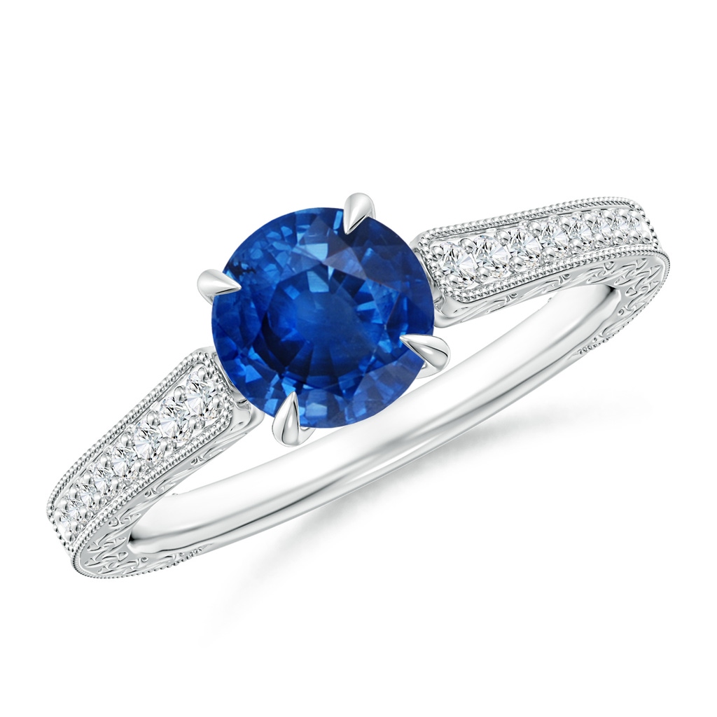 6.5mm AAA Vintage Inspired Round Sapphire Ring with Engraving in White Gold