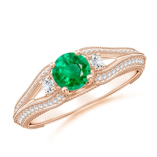 5mm AAA Vintage Inspired Round Emerald & Diamond Three Stone Ring in Rose Gold