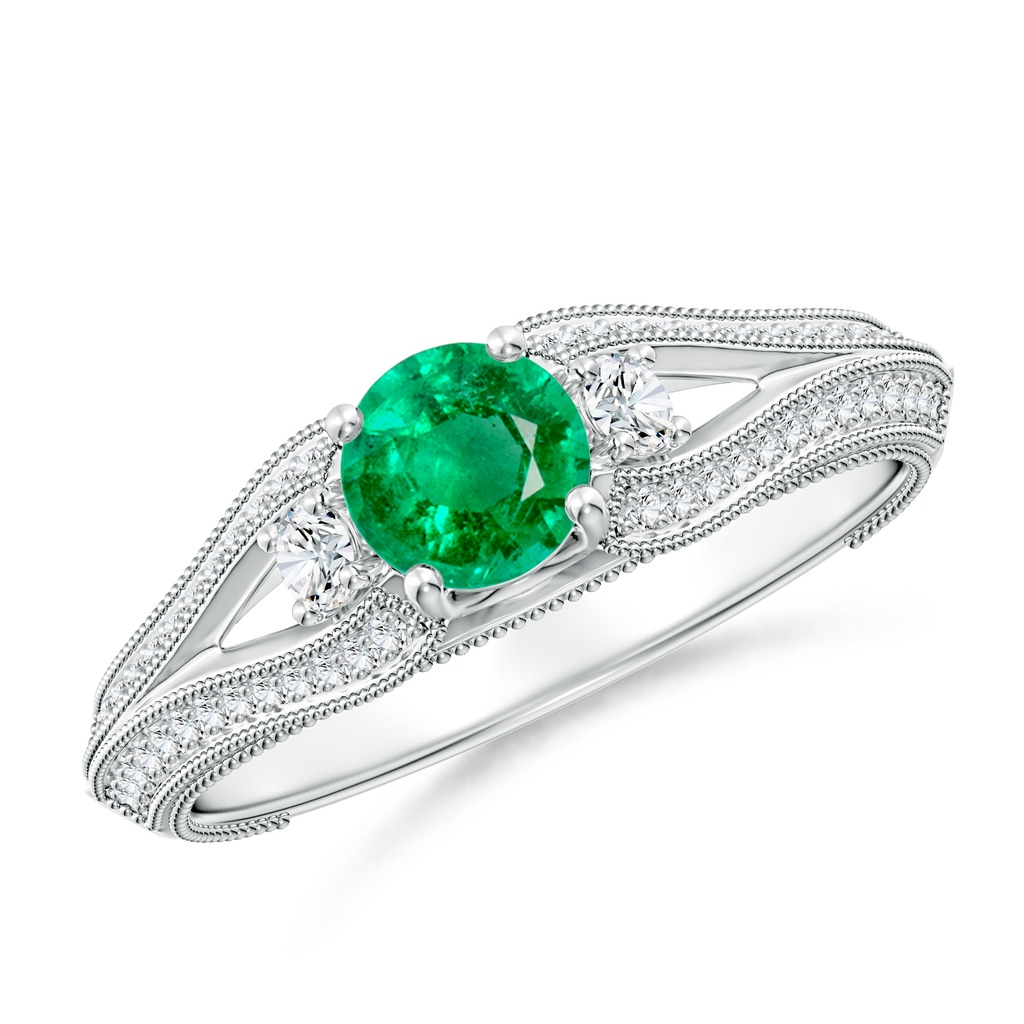 5mm AAA Vintage Inspired Round Emerald & Diamond Three Stone Ring in White Gold