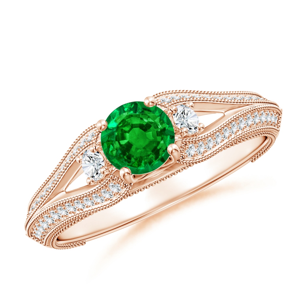 5mm AAAA Vintage Inspired Round Emerald & Diamond Three Stone Ring in Rose Gold