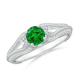 5mm AAAA Vintage Inspired Round Emerald & Diamond Three Stone Ring in White Gold