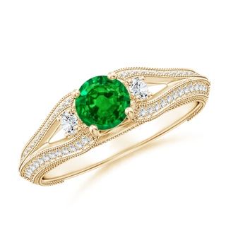 5mm AAAA Vintage Inspired Round Emerald & Diamond Three Stone Ring in Yellow Gold