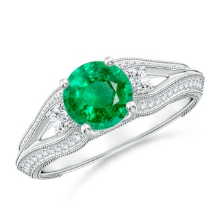 6.5mm AAA Vintage Inspired Round Emerald & Diamond Three Stone Ring in White Gold