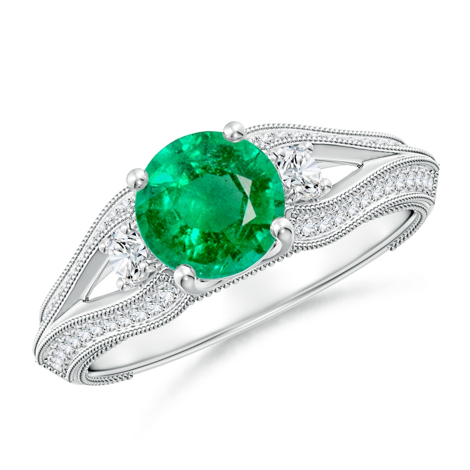 6.5mm AAA Vintage Inspired Round Emerald & Diamond Three Stone Ring in White Gold 