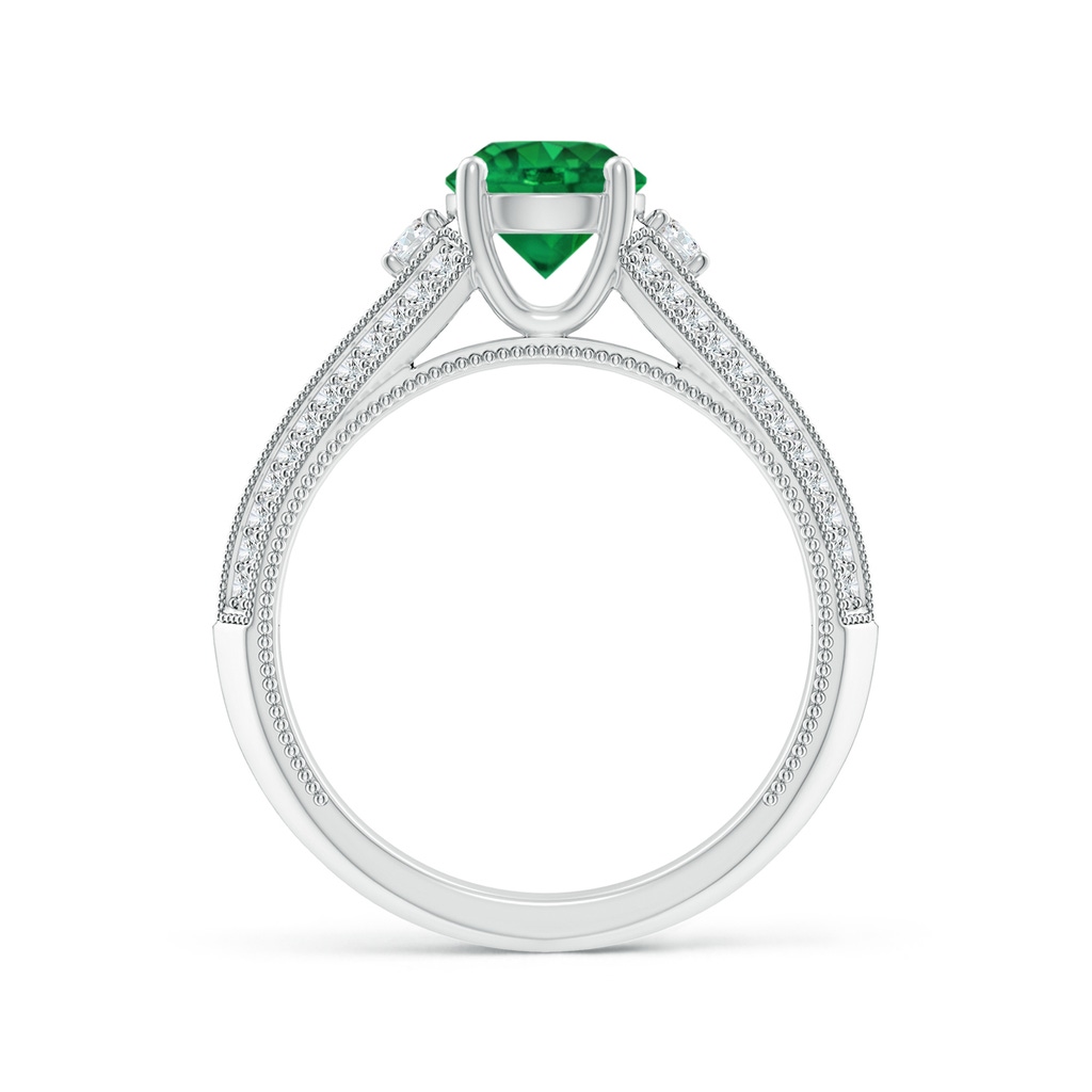 6.5mm AAA Vintage Inspired Round Emerald & Diamond Three Stone Ring in White Gold Product Image