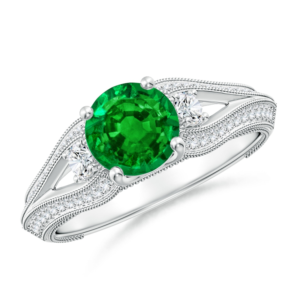 6.5mm AAAA Vintage Inspired Round Emerald & Diamond Three Stone Ring in White Gold