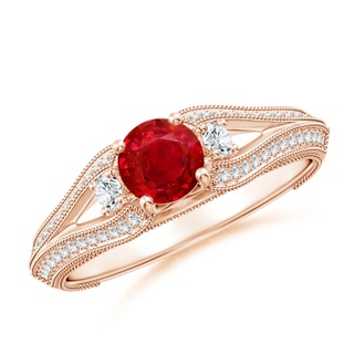 5mm AAA Vintage Inspired Round Ruby & Diamond Three Stone Ring in Rose Gold