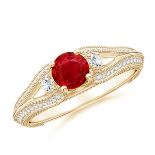 5mm AAA Vintage Inspired Round Ruby & Diamond Three Stone Ring in Yellow Gold