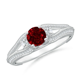 5mm AAAA Vintage Inspired Round Ruby & Diamond Three Stone Ring in White Gold