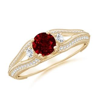 5mm AAAA Vintage Inspired Round Ruby & Diamond Three Stone Ring in Yellow Gold
