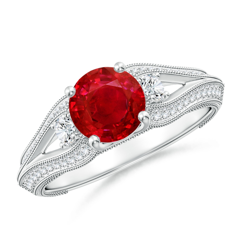 6.5mm AAA Vintage Inspired Round Ruby & Diamond Three Stone Ring in White Gold 