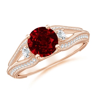 6.5mm AAAA Vintage Inspired Round Ruby & Diamond Three Stone Ring in Rose Gold