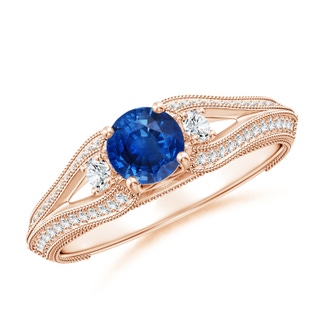 5mm AAA Vintage Inspired Round Sapphire & Diamond Three Stone Ring in Rose Gold