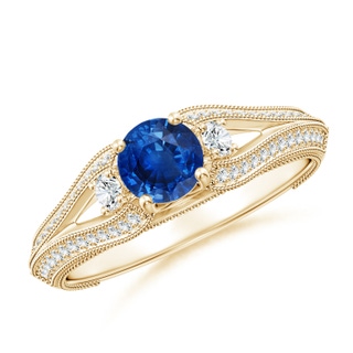 5mm AAA Vintage Inspired Round Sapphire & Diamond Three Stone Ring in Yellow Gold