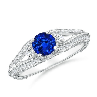 5mm AAAA Vintage Inspired Round Sapphire & Diamond Three Stone Ring in 9K White Gold