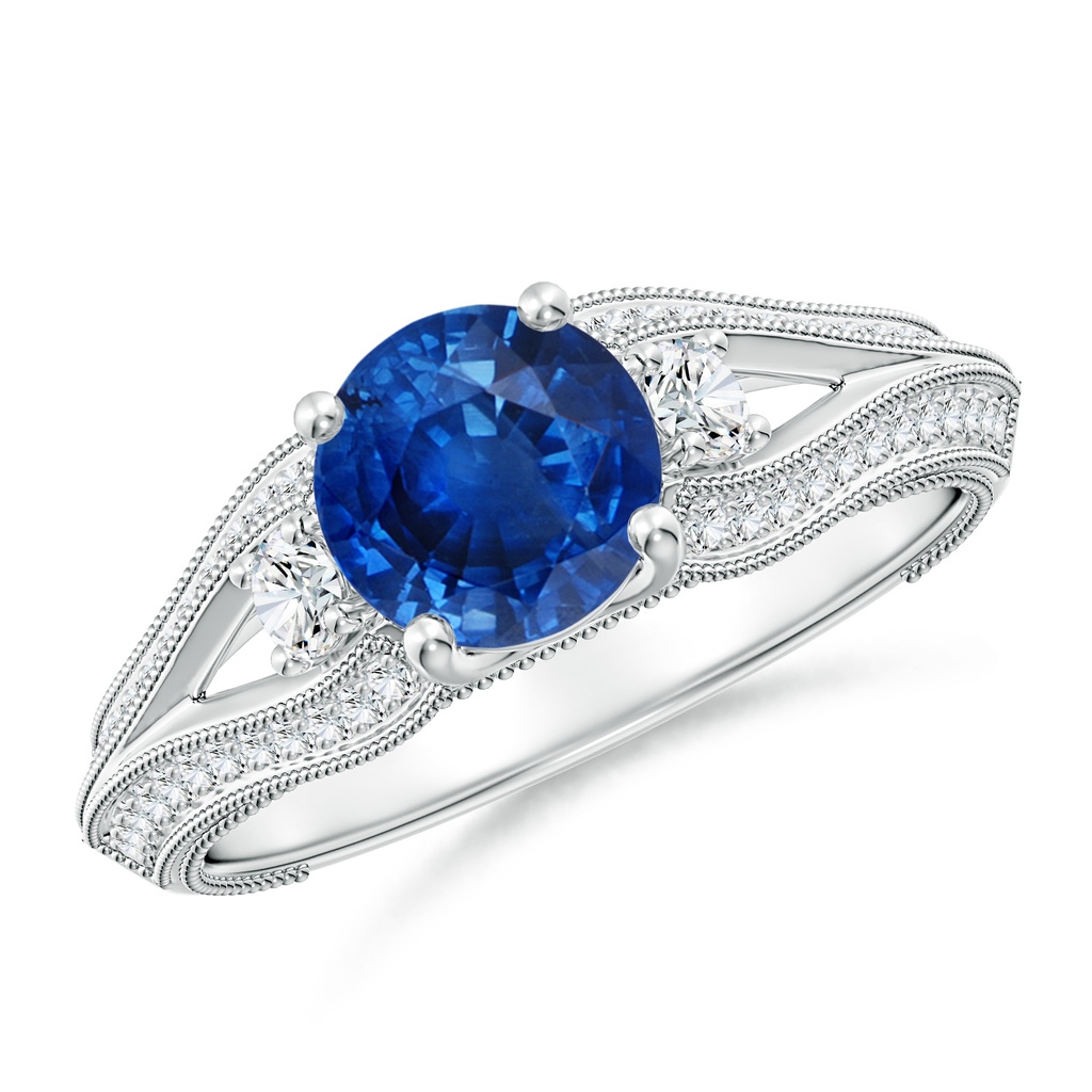 6.5mm AAA Vintage Inspired Round Sapphire & Diamond Three Stone Ring in White Gold