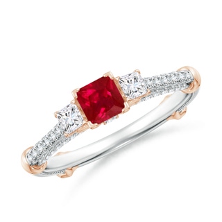 4mm AAA Vintage Inspired Square Ruby Criss-Cross Motif Ring in White Gold Rose Gold