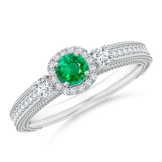 4mm AAA Vintage Inspired Round Emerald Halo Ring with Filigree in White Gold
