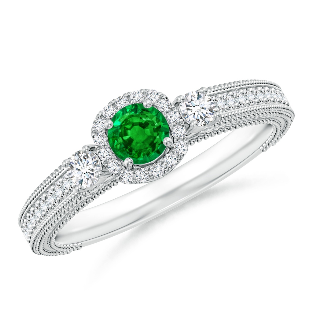 4mm AAAA Vintage Inspired Round Emerald Halo Ring with Filigree in White Gold
