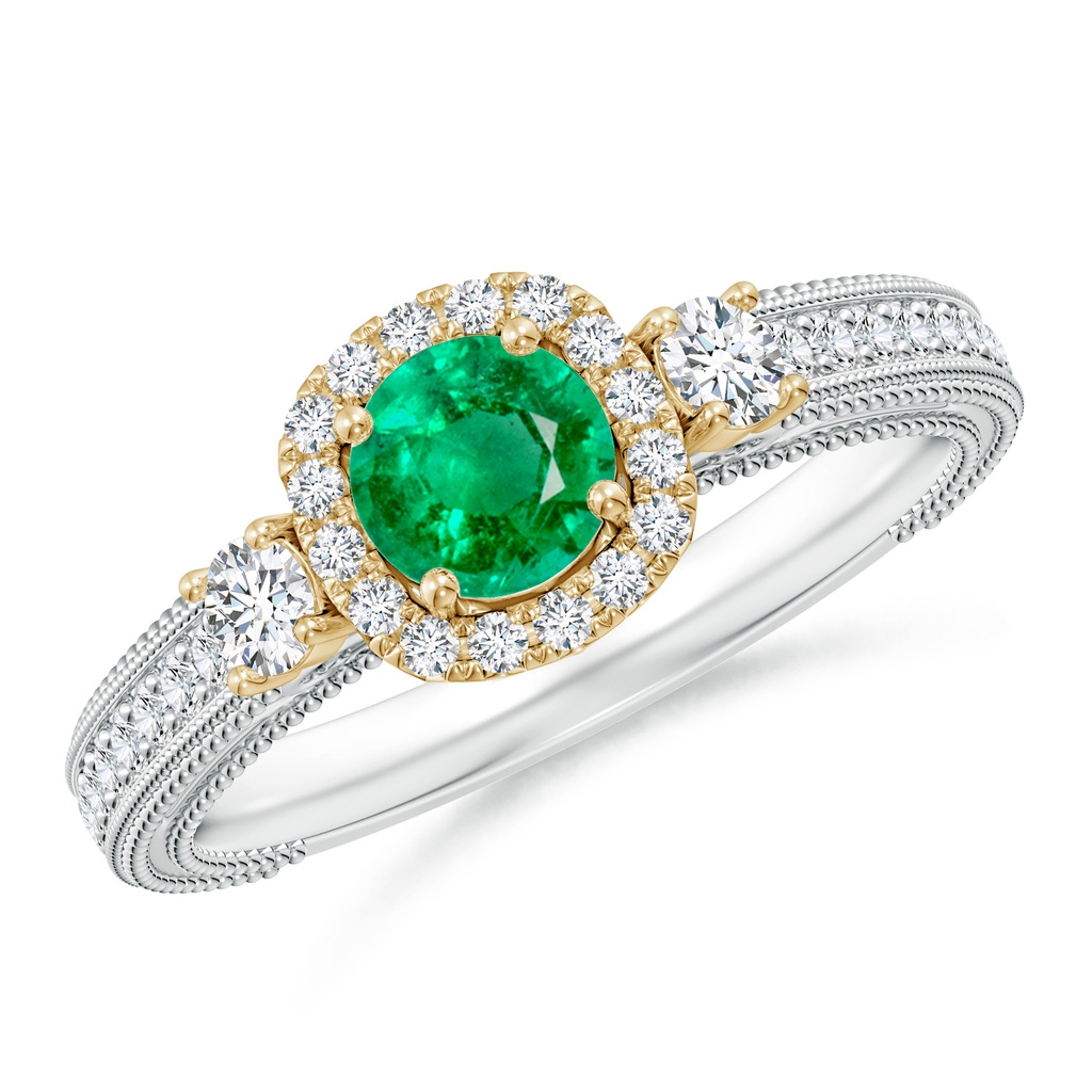 5mm AAA Vintage Inspired Round Emerald Halo Ring with Filigree in White Gold Yellow Gold