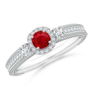 4mm AAA Vintage Inspired Round Ruby Halo Ring with Filigree in White Gold