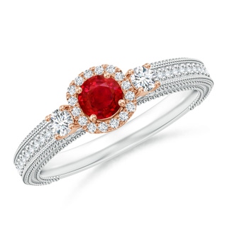 4mm AAA Vintage Inspired Round Ruby Halo Ring with Filigree in White Gold Rose Gold