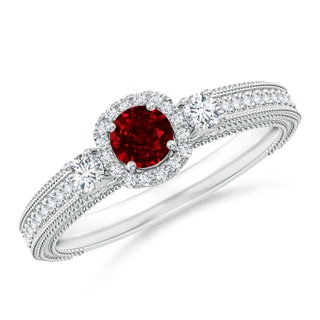 4mm AAAA Vintage Inspired Round Ruby Halo Ring with Filigree in White Gold