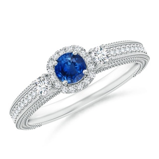 4mm AAA Vintage Inspired Round Sapphire Halo Ring with Filigree in White Gold