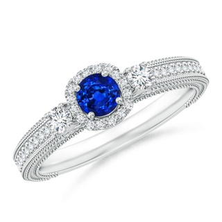 4mm AAAA Vintage Inspired Round Sapphire Halo Ring with Filigree in White Gold