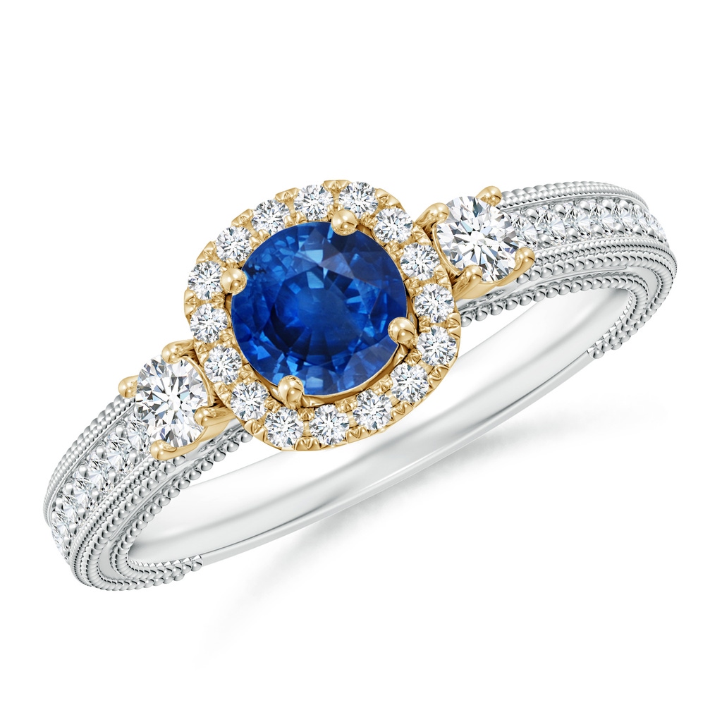 5mm AAA Vintage Inspired Round Sapphire Halo Ring with Filigree in White Gold Yellow Gold