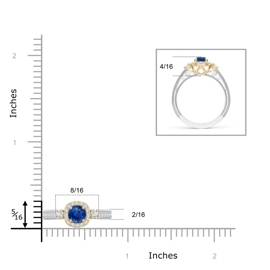 5mm AAA Vintage Inspired Round Sapphire Halo Ring with Filigree in White Gold Yellow Gold ruler