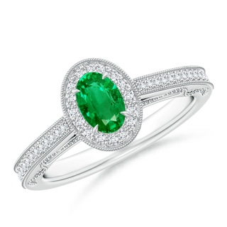 6x4mm AAA Vintage Inspired Oval Emerald Halo Ring with Milgrain in White Gold