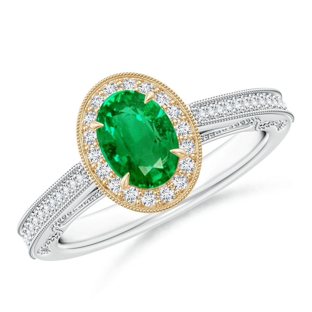 7x5mm AAA Vintage Inspired Oval Emerald Halo Ring with Milgrain in White Gold Yellow Gold