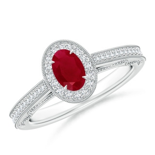 6x4mm AA Vintage Inspired Oval Ruby Halo Ring with Milgrain in White Gold