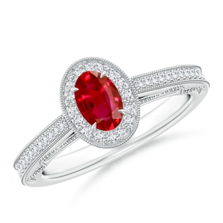 6x4mm AAA Vintage Inspired Oval Ruby Halo Ring with Milgrain in White Gold