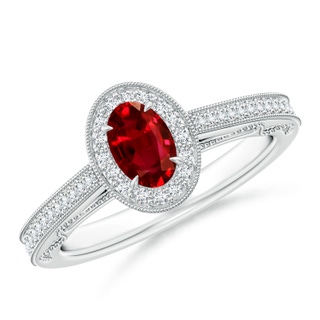 6x4mm AAAA Vintage Inspired Oval Ruby Halo Ring with Milgrain in White Gold