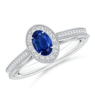 6x4mm AAA Vintage Inspired Oval Sapphire Halo Ring with Milgrain in White Gold