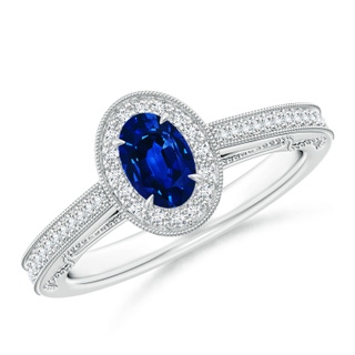 6x4mm AAAA Vintage Inspired Oval Sapphire Halo Ring with Milgrain in White Gold