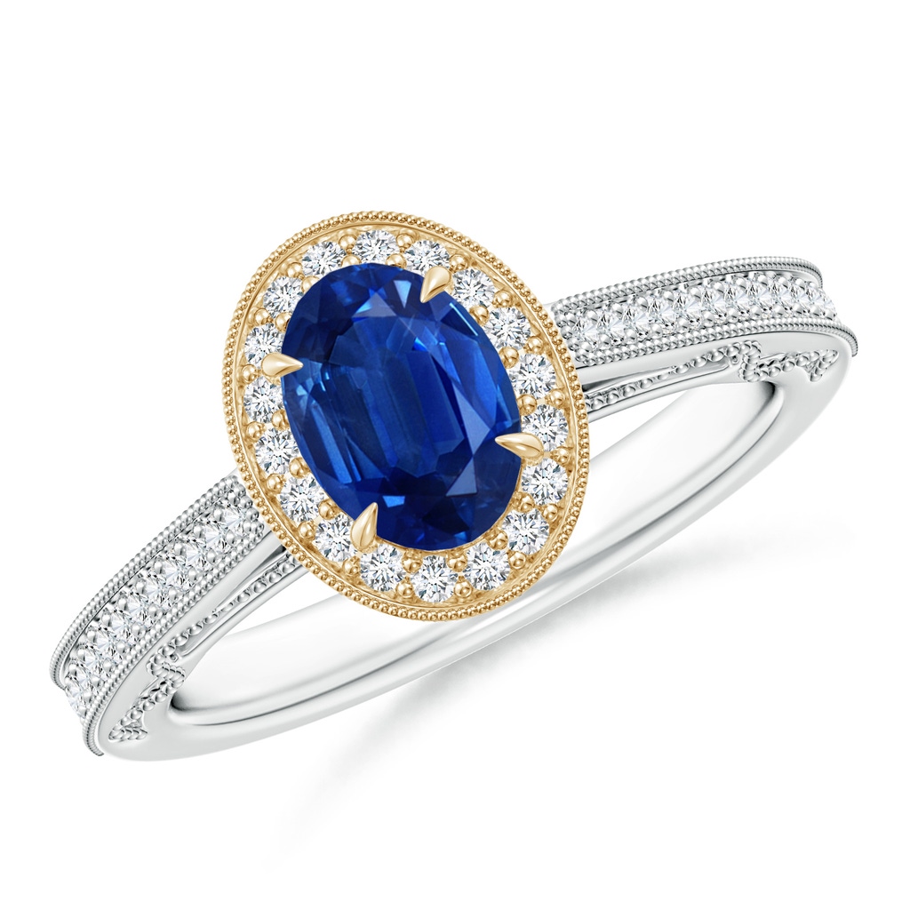 7x5mm AAA Vintage Inspired Oval Sapphire Halo Ring with Milgrain in White Gold Yellow Gold