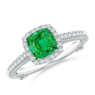 6mm AAA Vintage Inspired Emerald & Diamond Halo Ring with Filigree in White Gold