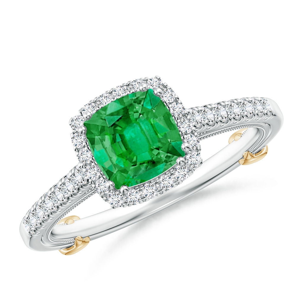 6mm AAA Vintage Inspired Emerald & Diamond Halo Ring with Filigree in White Gold Yellow Gold
