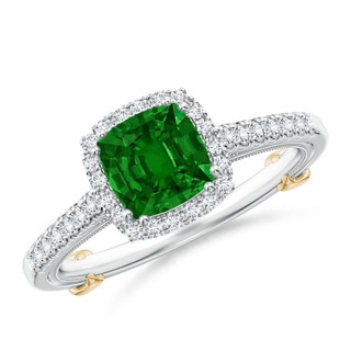 6mm AAAA Vintage Inspired Emerald & Diamond Halo Ring with Filigree in White Gold Yellow Gold