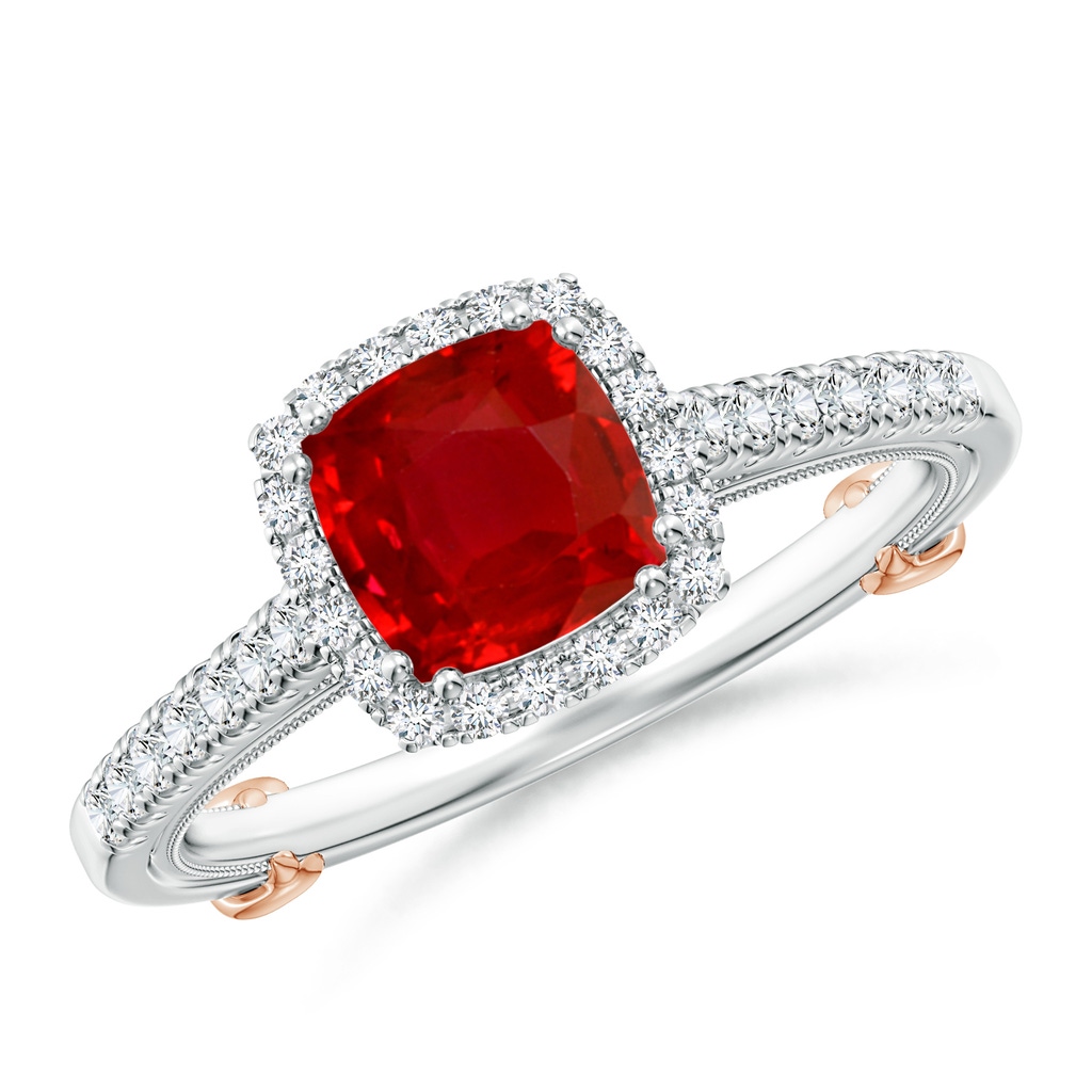 6mm AAA Vintage Inspired Ruby & Diamond Halo Ring with Filigree in White Gold Rose Gold