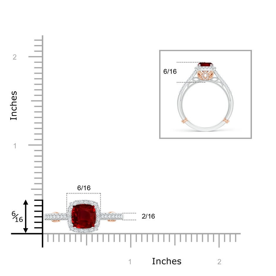 6mm Lab-Grown Vintage Inspired Ruby & Diamond Halo Ring with Filigree in White Gold Rose Gold ruler