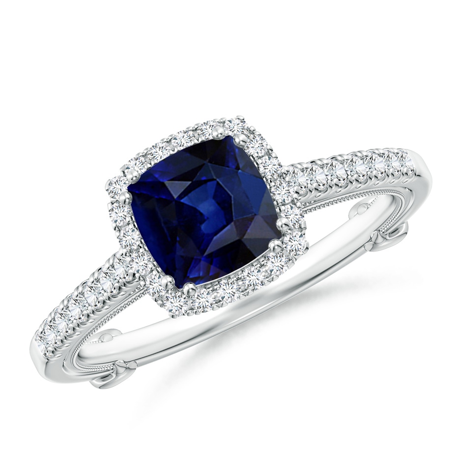 6mm AAA Vintage Inspired Sapphire & Diamond Halo Ring with Filigree in White Gold 