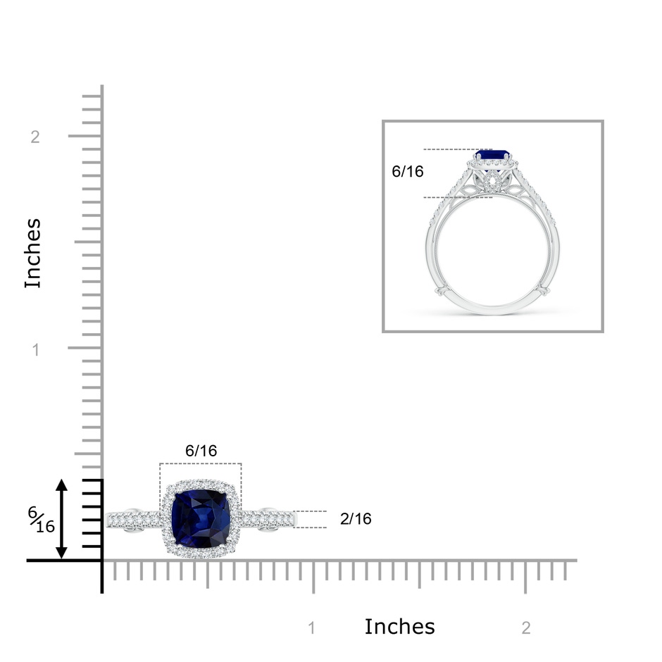 6mm AAA Vintage Inspired Sapphire & Diamond Halo Ring with Filigree in White Gold ruler