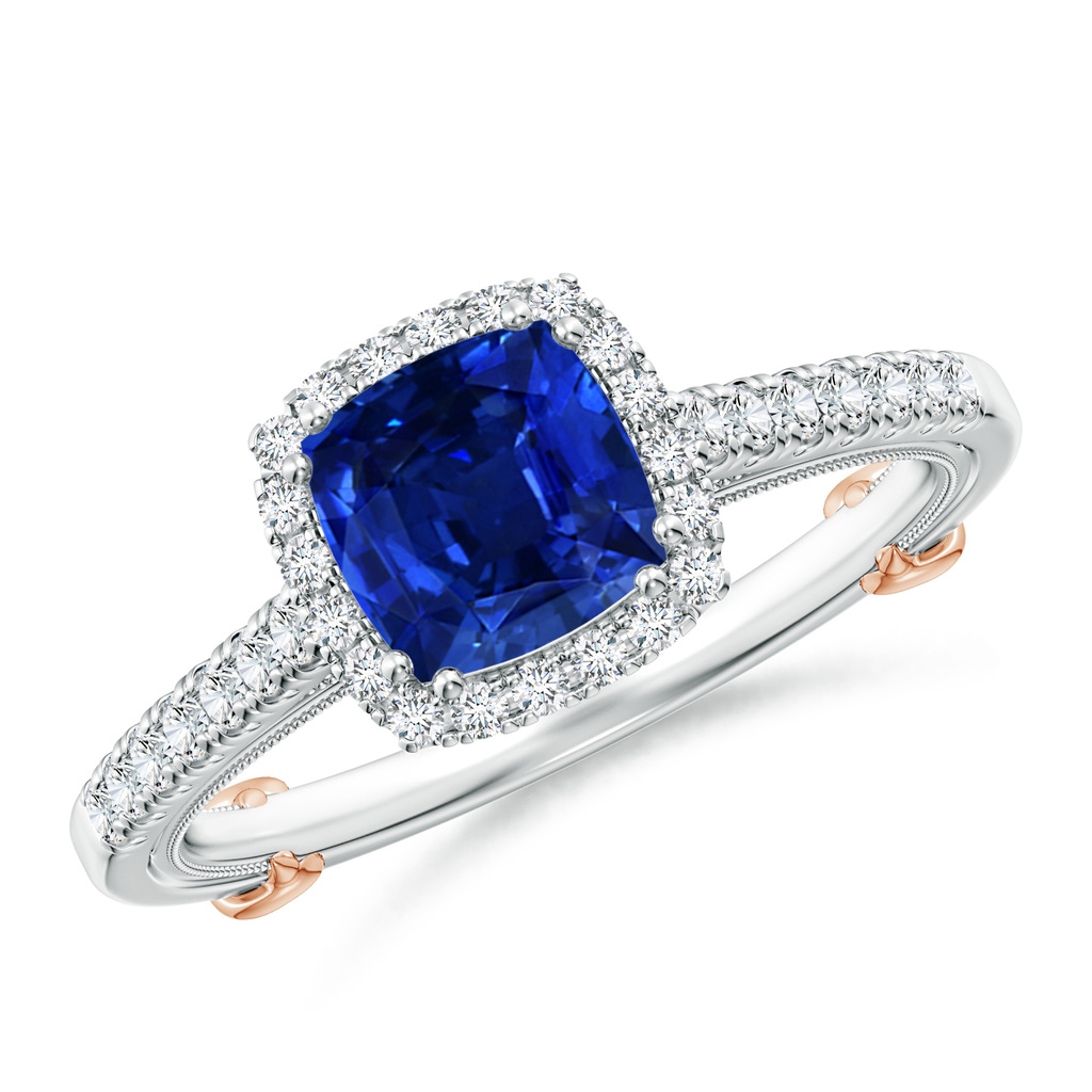 6mm AAAA Vintage Inspired Sapphire & Diamond Halo Ring with Filigree in White Gold Rose Gold